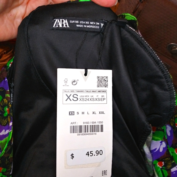 Zara Purple Black Green Floral, Padded Shoulder Deep Neckline Faux Wrap Bodysuit - Picture 9 of 12